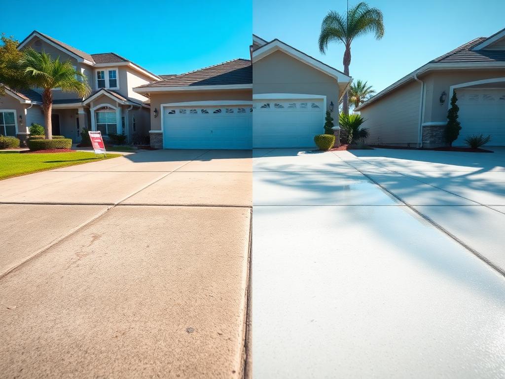 Freshly cleaned residential driveway after IE Grime Fighters pressure washing
