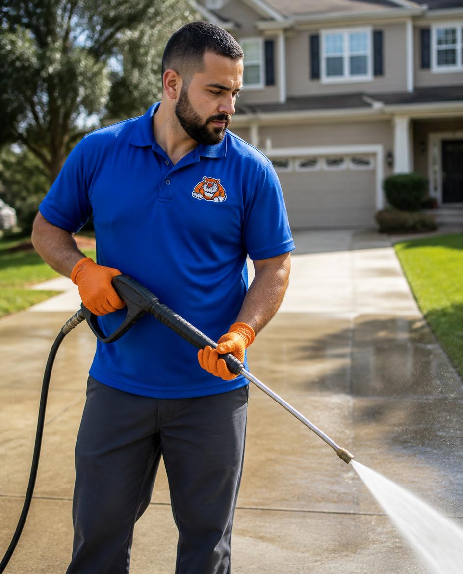 Technician in branded blue polo on a residential job